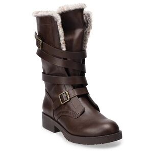 So Women’s Knee High Brown Faux Fur Strappy Boots
